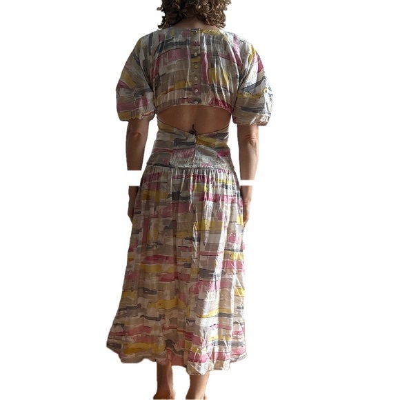 Moon River Sz M Colorful Pastel Puff Sleeves Poplin Open Back Maxi Dress - Picture 2 of 10